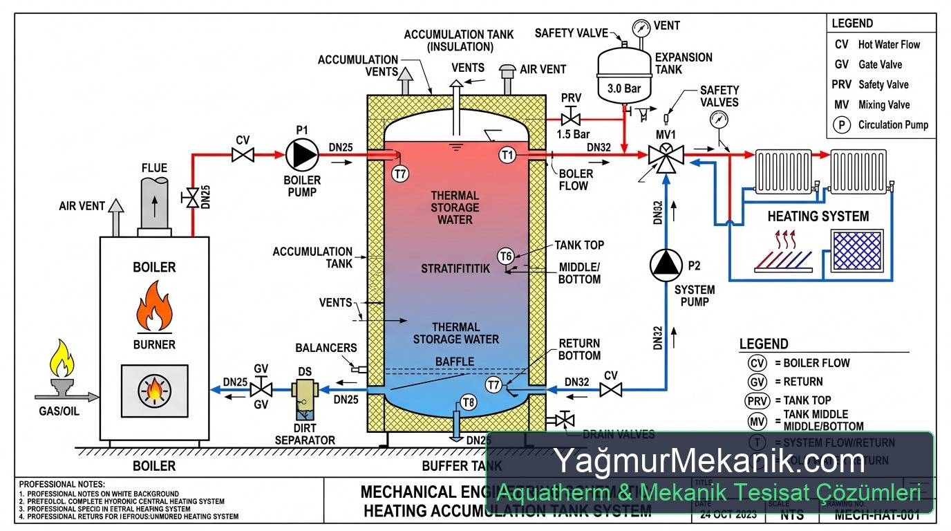 Akümülasyon Tankı Bağlantı Şeması Açıklamalı Teknik Çizim